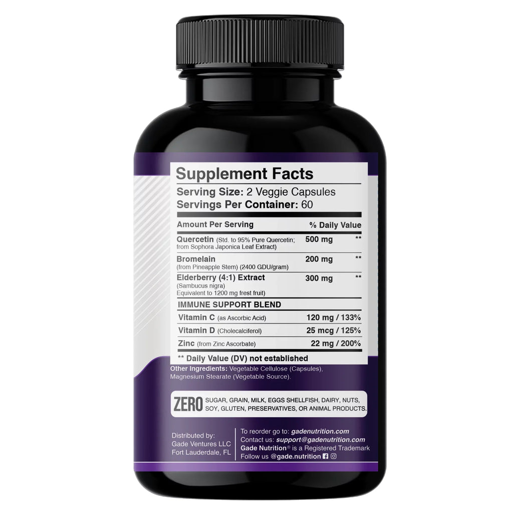 '- USA 500mg - Quercetin Vitamin - Quercetin in - Zinc Support, - D3 - Supply Quercetin 1 C Immune Vitamin Zinc and Months - Elderberry 4 Non-GMO, Daily - 6 Quercetin Bromelain with Gluten-Free with