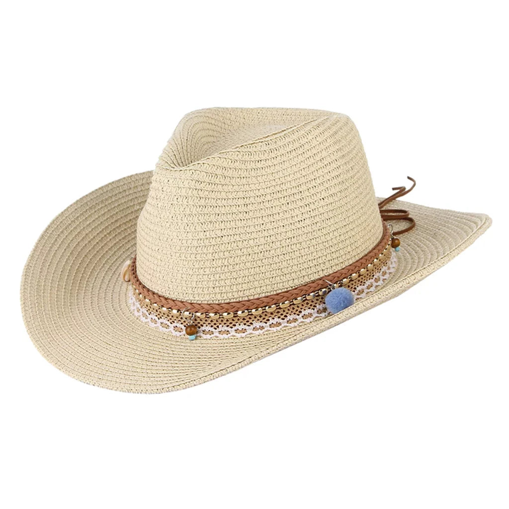 Cowboy Trilby Straw design Sun Western Floppy Beige Brim Big Packable Hat Women