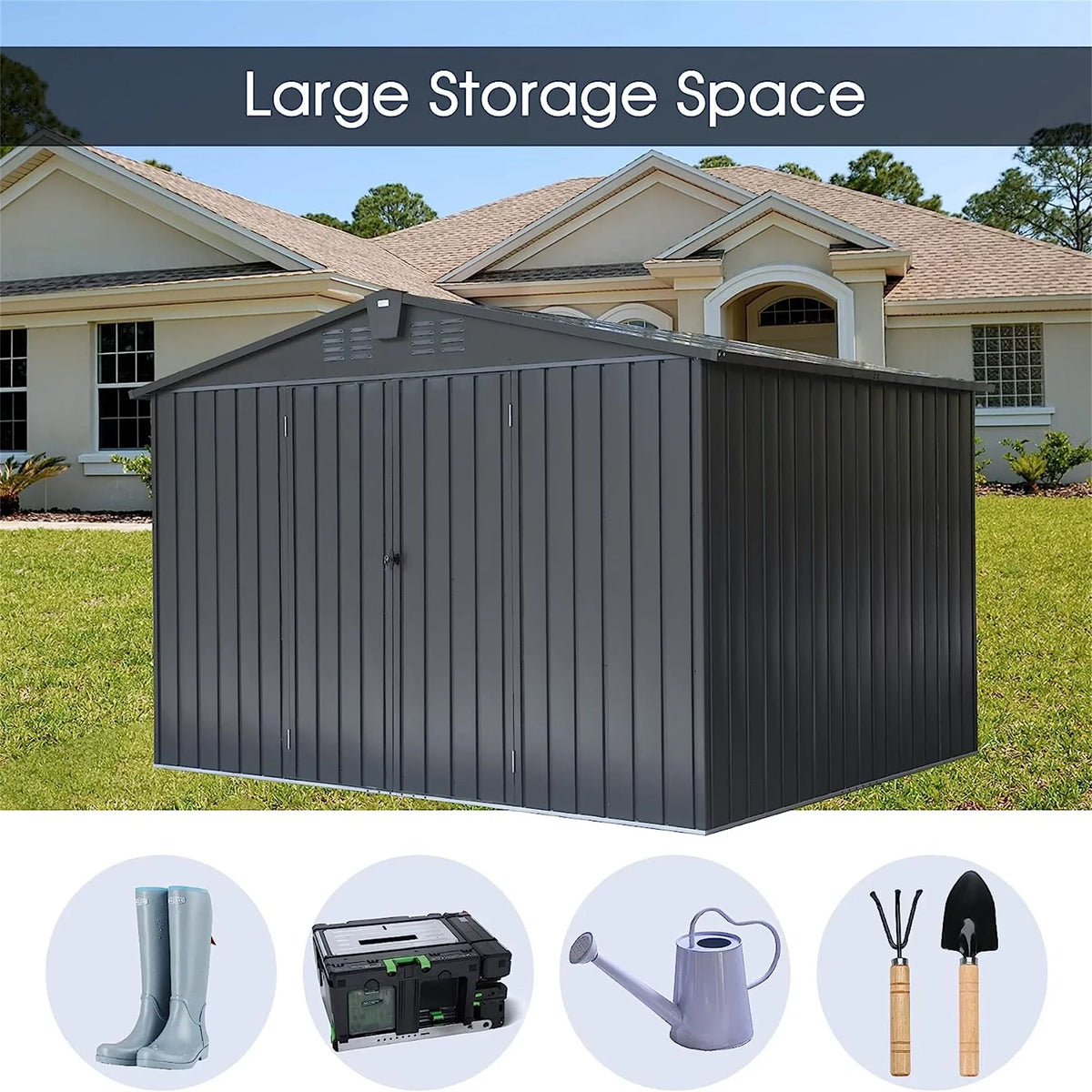 Storage 10'X Metal Shed for Patio, Tools, Backyard, Lockable Steel Cabinet Garden exterior Black) for Trash Lawn Storage Shed Galvanized CoSoTower Bike, 8', with Door exterior Can, (10X8ft,