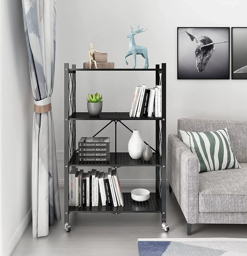 Shelf Metal Foldable 3 Black with Heavy Shelf, Hooks, Duty Storage SUGIFT Kitchen 4-Tier Shelf,