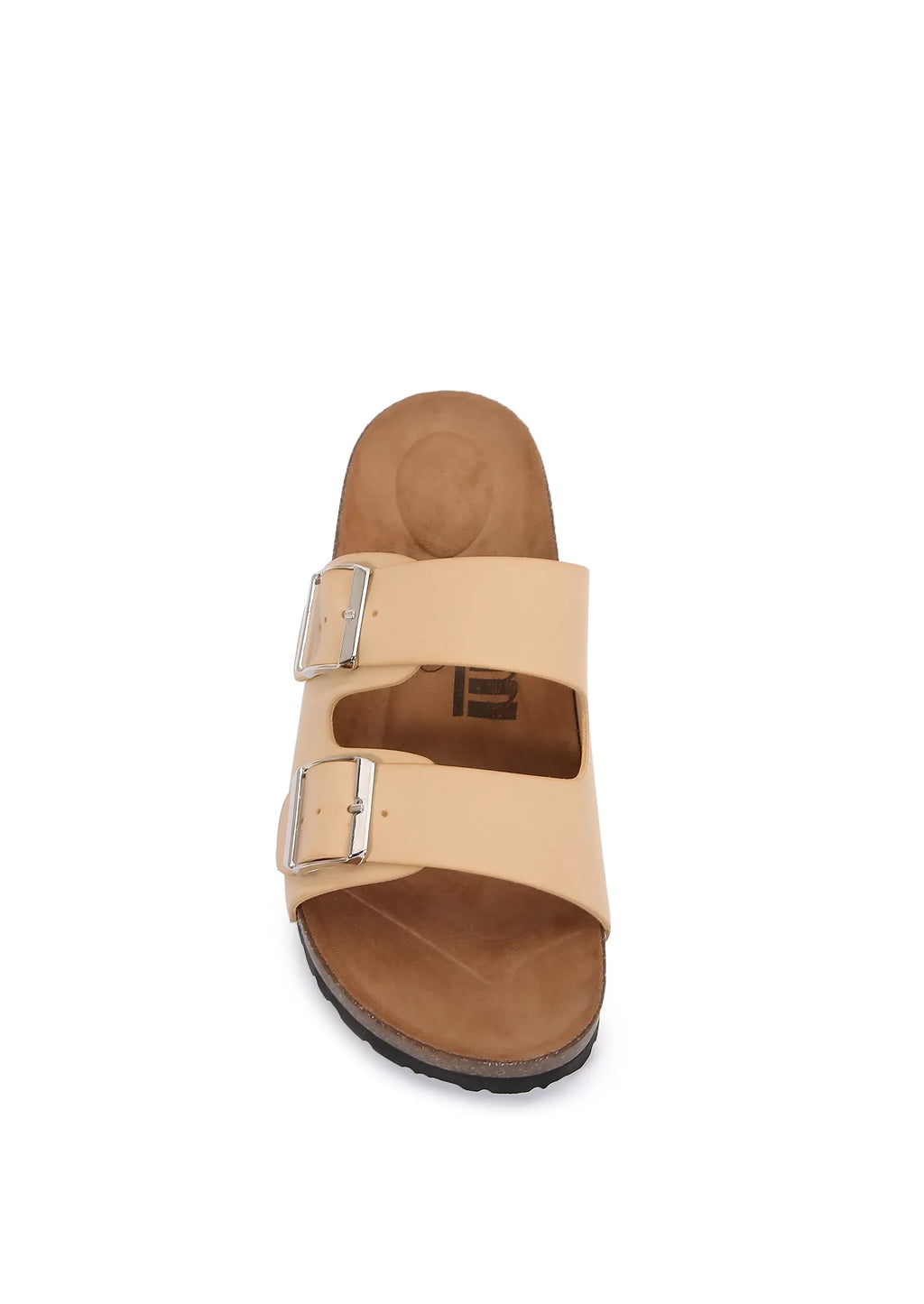 6) (PU Leather Women Cork Footbed Soft Apricot/ Cushioned Strap Double Slider Sandal PU