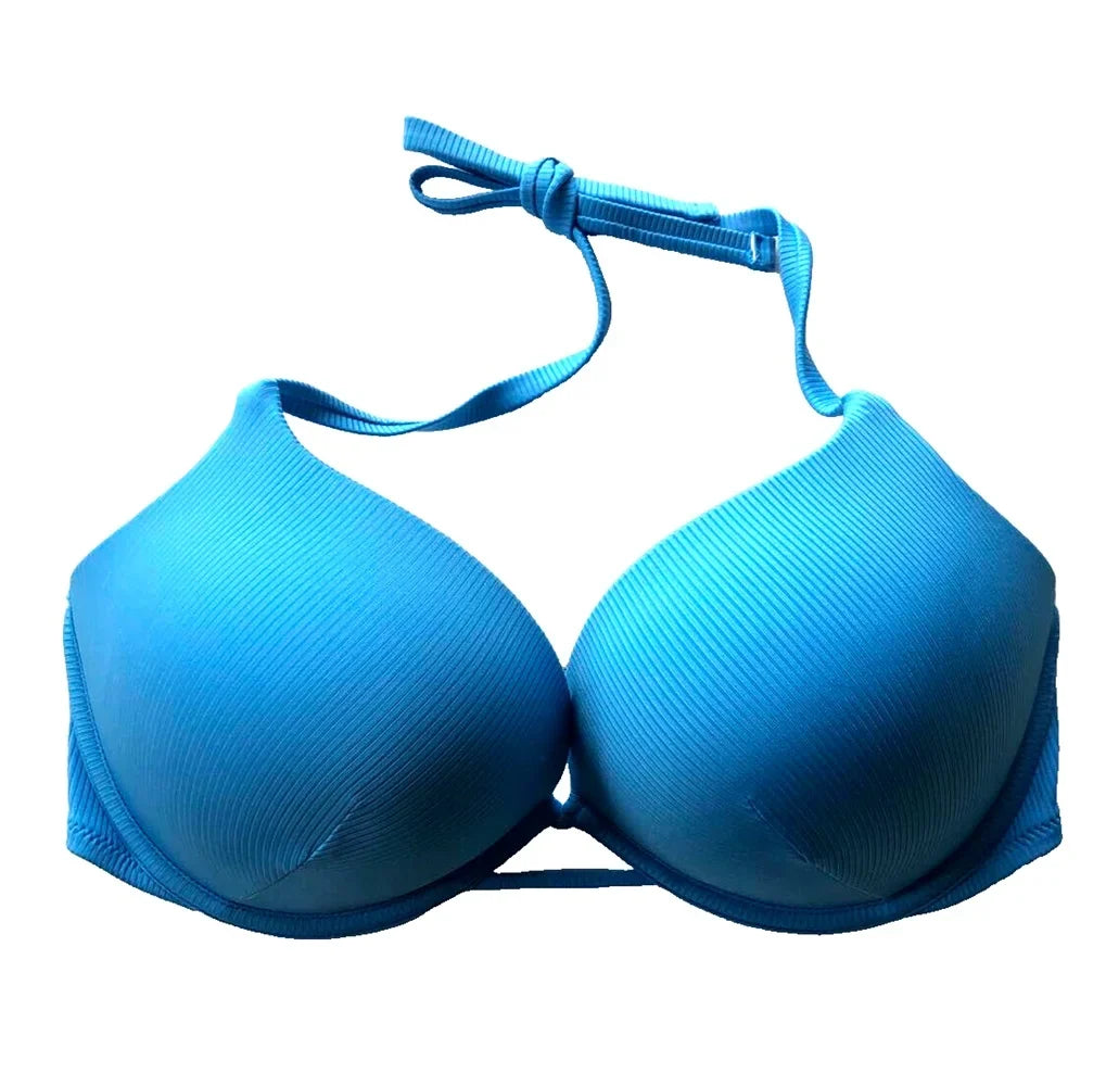 Swim Push Add-2-Cups Up Bikini Halter Bombshell dimension Victoria's Top Secret Capri Blue NWT 32A
