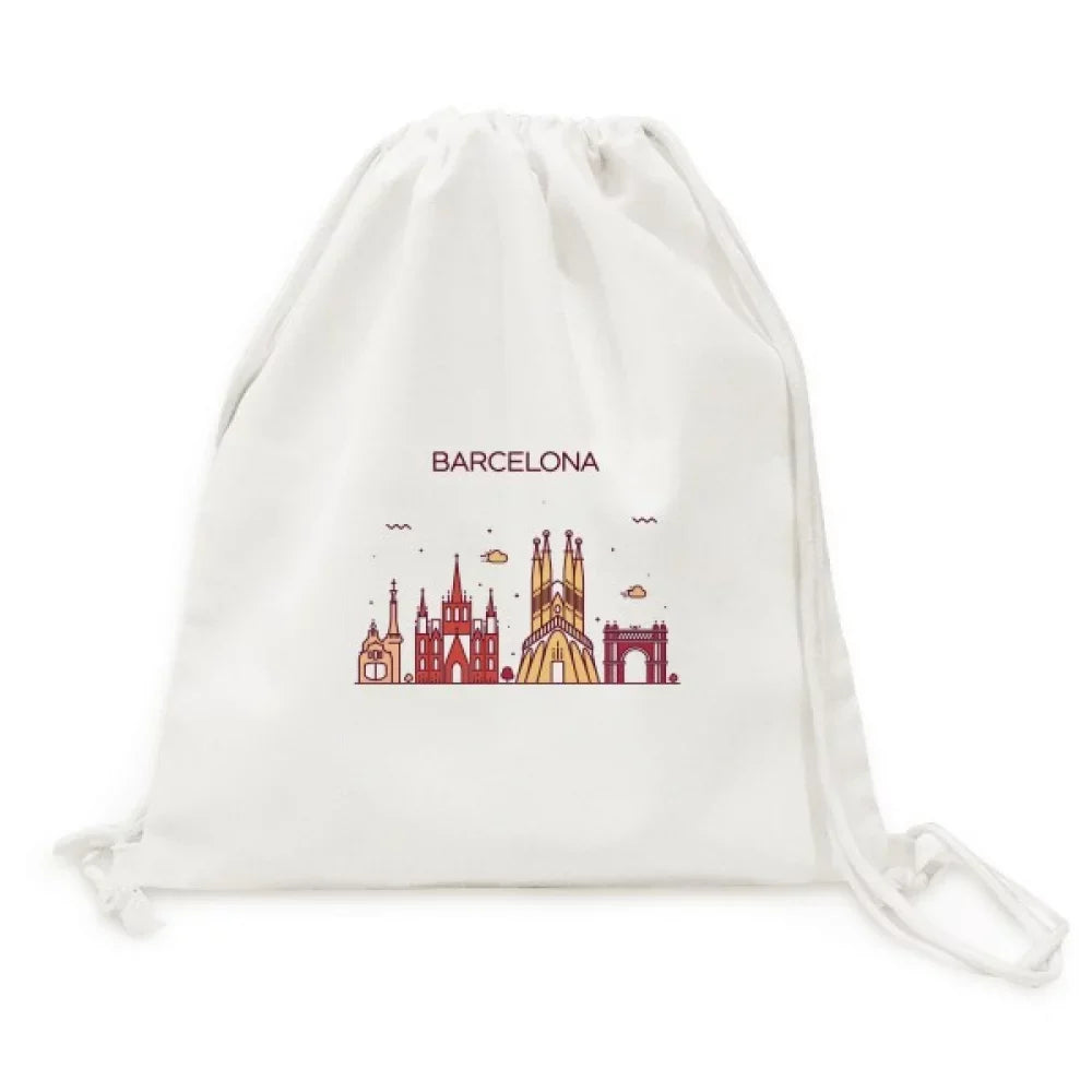 Spain Pattern Landmark Drawstring Backpack Mesh Canvas Flat Barcelona Reusable Shopping Bag