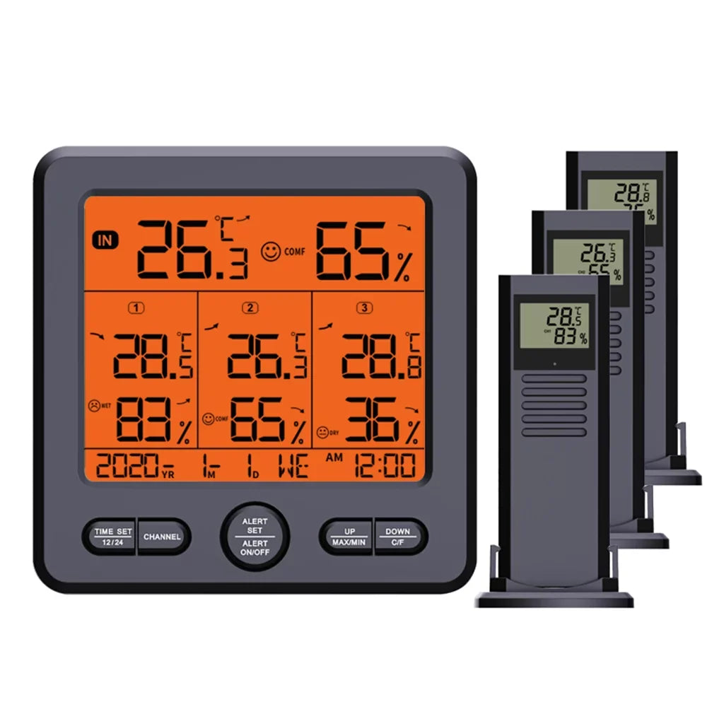 & Humidity Sensors Office with Thermohygrometer Remote climate 3 Backlight Home 3 Wireless Stations Digital Alarm Function Transmitters for Calibration 98ft/ 30m Indoor with