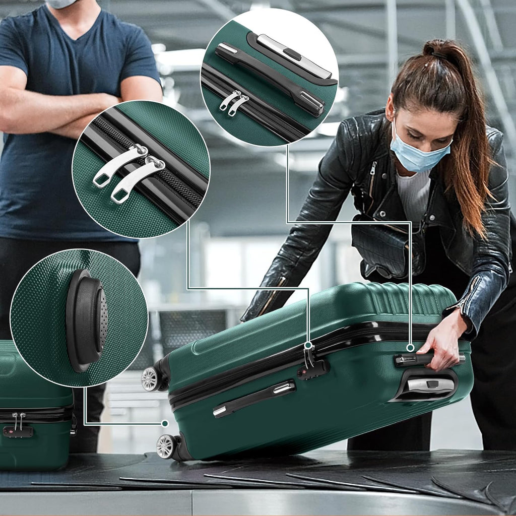 Hardside Portable Luggage & Travel Suitcase ABS on with for Carry Wheels Sets TSA Dark 3 Lightweight Spinner lock, - Green Set Business (20/24/28) of Luggages