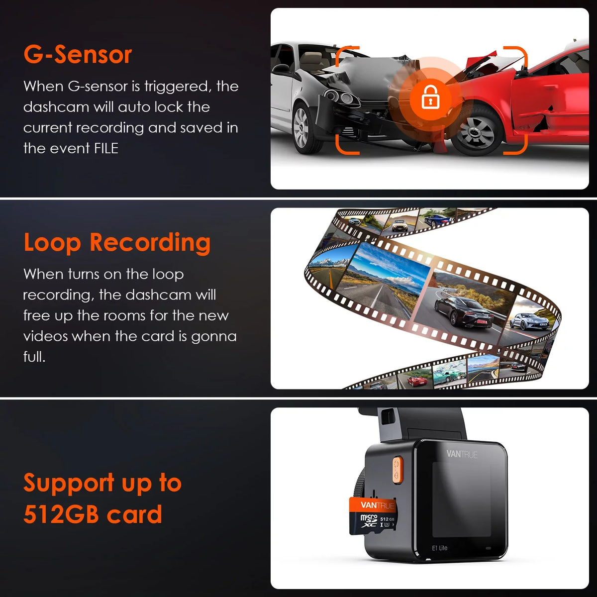 Control Wide Cam System, GPS Vantrue (E1 Dash W with G-Sensor, Angle, 160° Dual Car Voice 1080P, Parking Mini Support Compact 24/7 512GB WiFi Max Lite) Mode, camera 1920 X