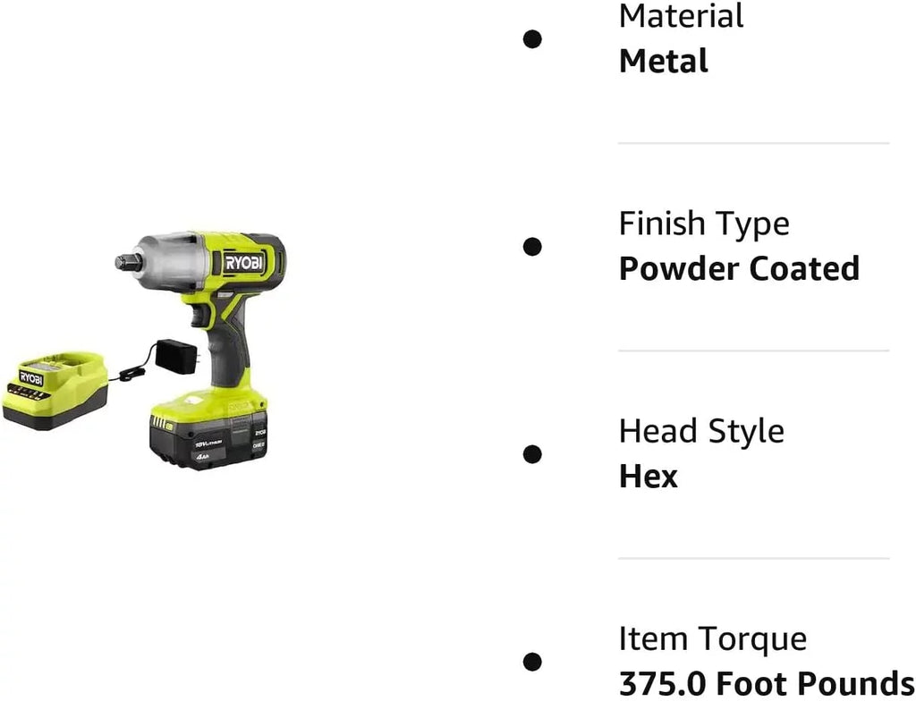 RYOBI in. 4.0 18V Kit Ah Wrench Impact Charger with and Battery ONE+ 1/2 Cordless