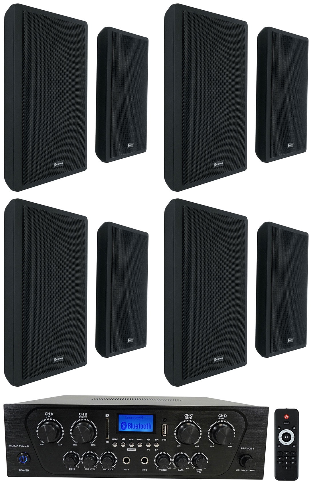Wall Audio Rockville Kit 4-Room Home Speakers Receiver+(8) RPA40BT Black Slim