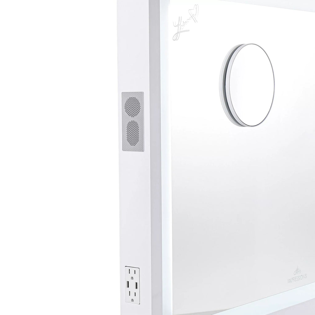 Dimmer Liane and Magnified V. Frame Speakers Vanity Makeup with Metal Desk Mirror with Mirror 3X for Pro Impressions Wall Mirror and Tabletop or Outer Lighted Switch, (White) Mount