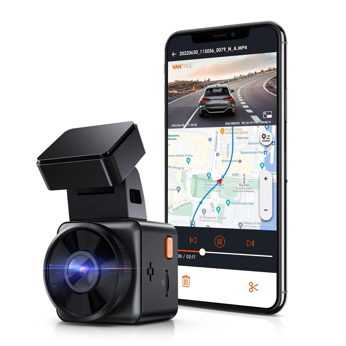 Control Wide Cam System, GPS Vantrue (E1 Dash W with G-Sensor, Angle, 160° Dual Car Voice 1080P, Parking Mini Support Compact 24/7 512GB WiFi Max Lite) Mode, camera 1920 X