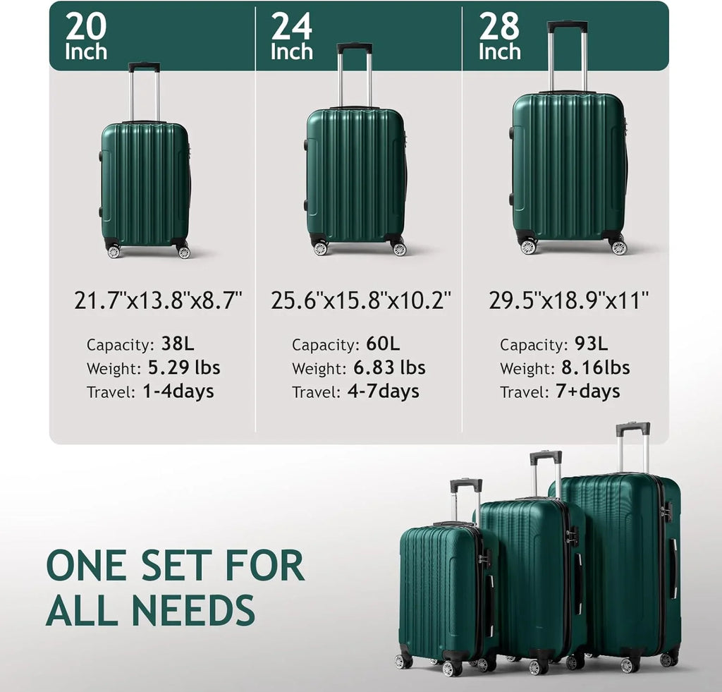 Hardside Portable Luggage & Travel Suitcase ABS on with for Carry Wheels Sets TSA Dark 3 Lightweight Spinner lock, - Green Set Business (20/24/28) of Luggages
