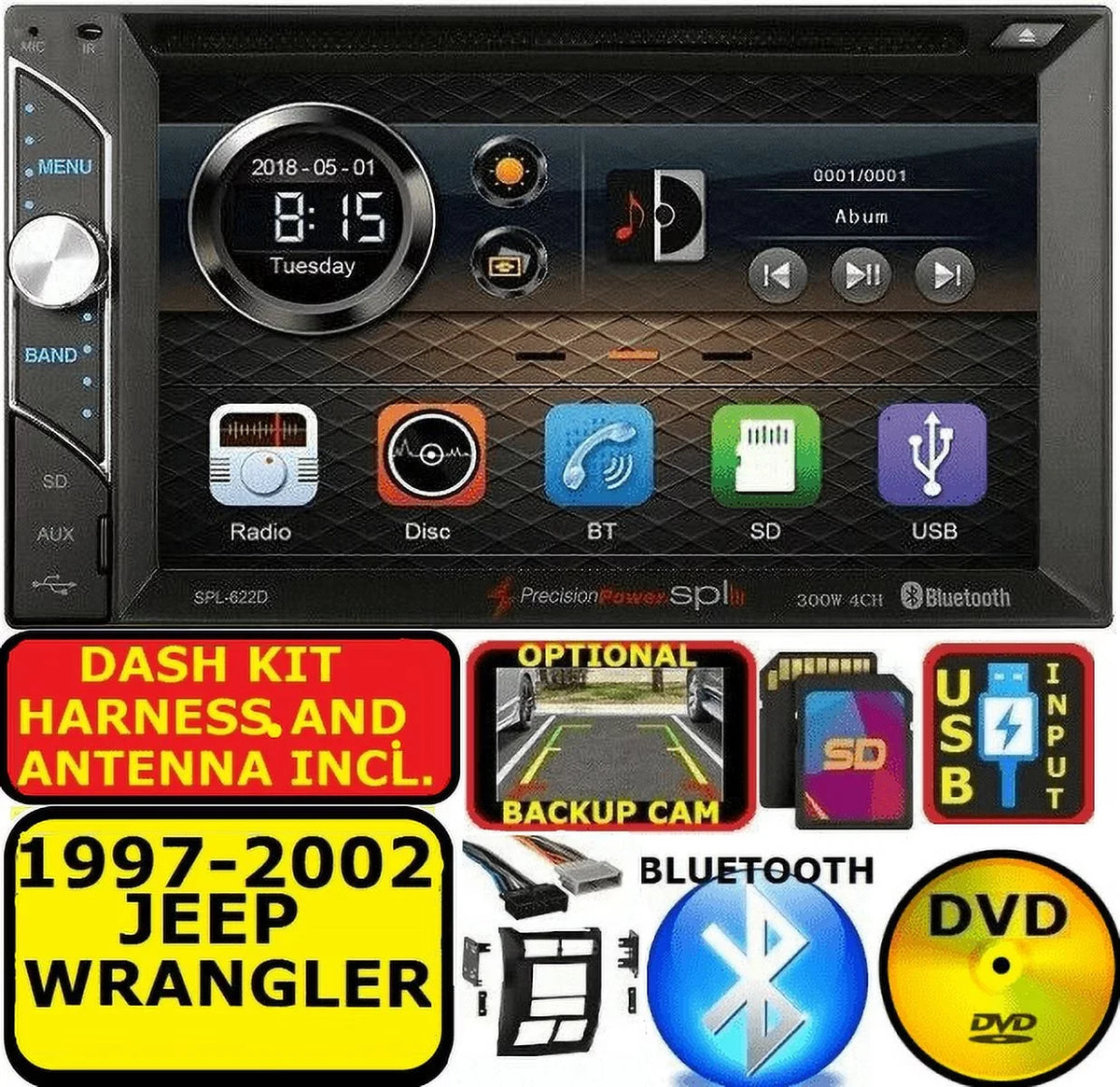 STEREO DVD RADIO JEEP BT WRANGLER AUX CD PKG USB 1997-2002 BLUETOOTH AM/FM