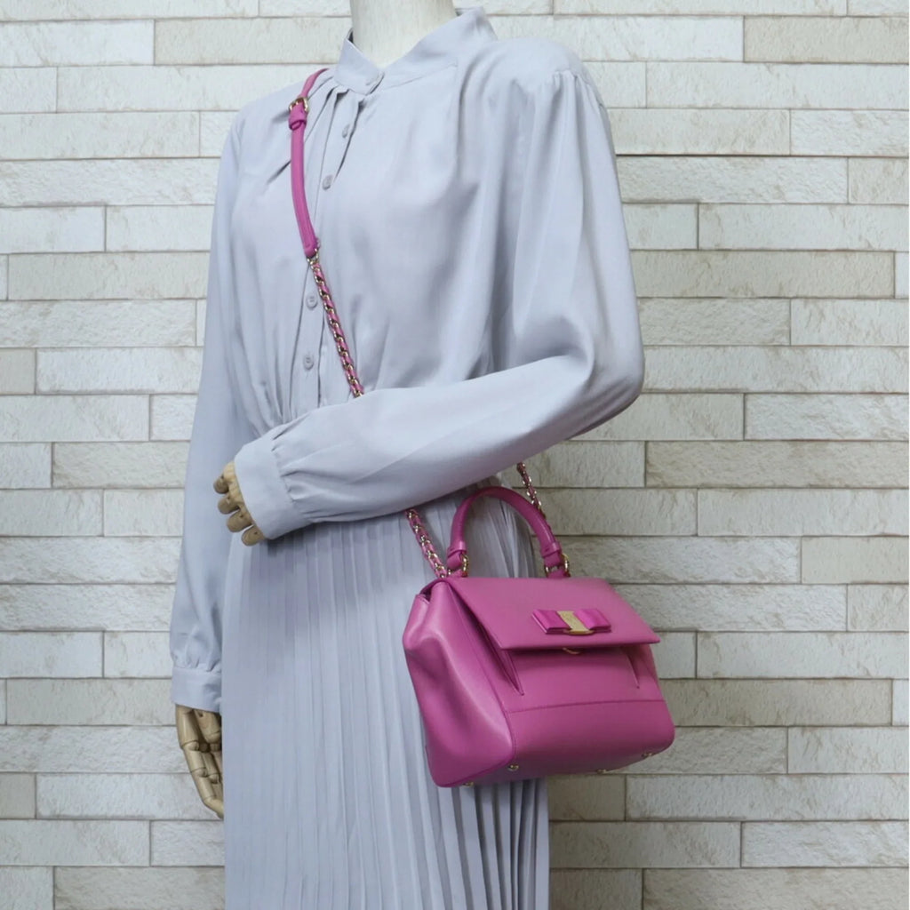 Ribbon Ladies Pink Pre-Owned BRB10010000013177 2way Shoulder F570 Vara EZ-21 Salvatore Bag Ferragamo (Good) Leather