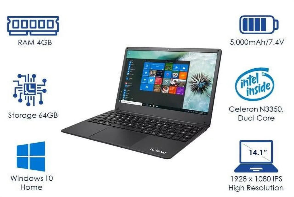 Dual 1430NB-14.1in 1080 High IPS Mouse and 4GB/64GB iView 1920x Core, Resolution, USB