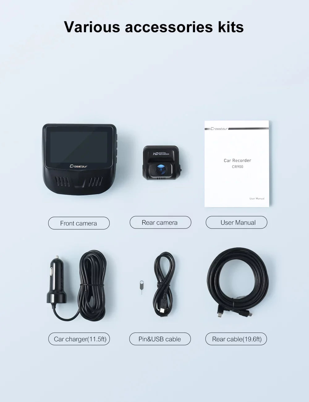 Front Camera,External Dash Rear 3”Car Security Sensor,128GB Crosstour Supported, Max,Black GPS Cam,1080P and