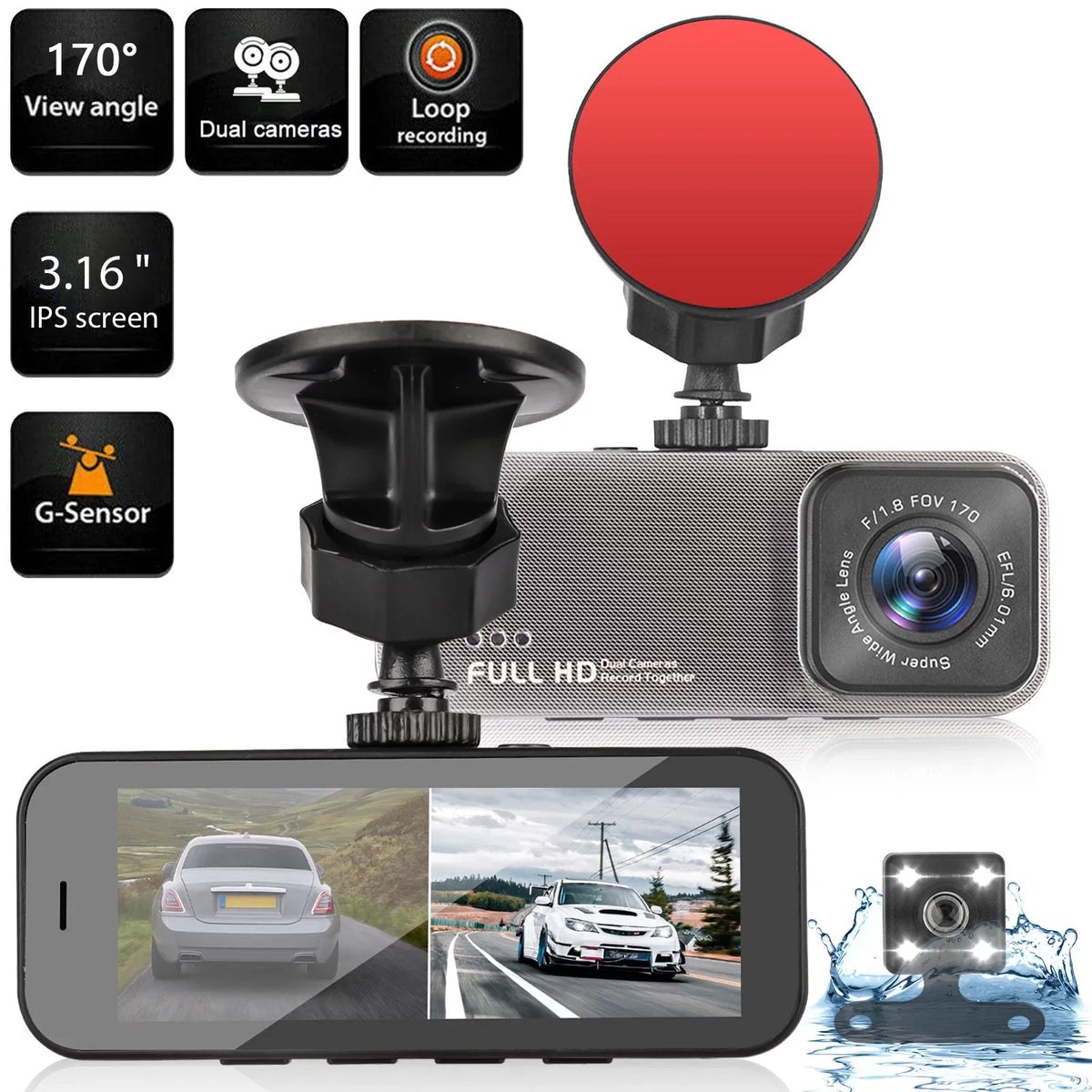 Dash Dual Detection, 170° 1080P Dash Cars, Camera Black Recorder WDR, Dual Motion 3.16inch TSV Camera Rear Angle G-Sensor, Cam, Front with Wide and Parking Dashboard for Monitoring, Display,