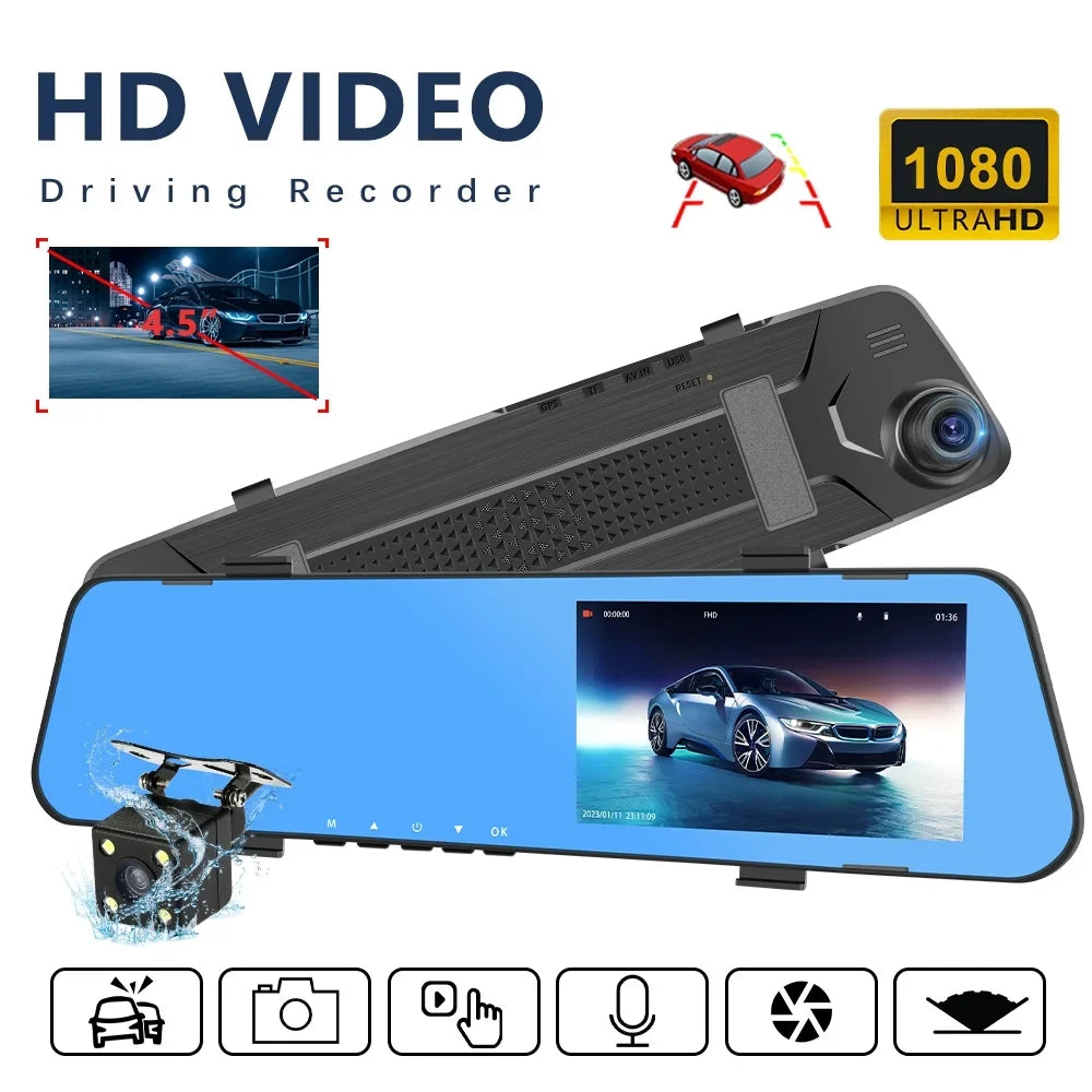 Lens Cam Rearview Dual Video 4.5in Automobile Recorder Mirror Full Recorder Dvr Cam Automobile Rearview Dash Dash Cycle Mirror Hd Podofo 1080p