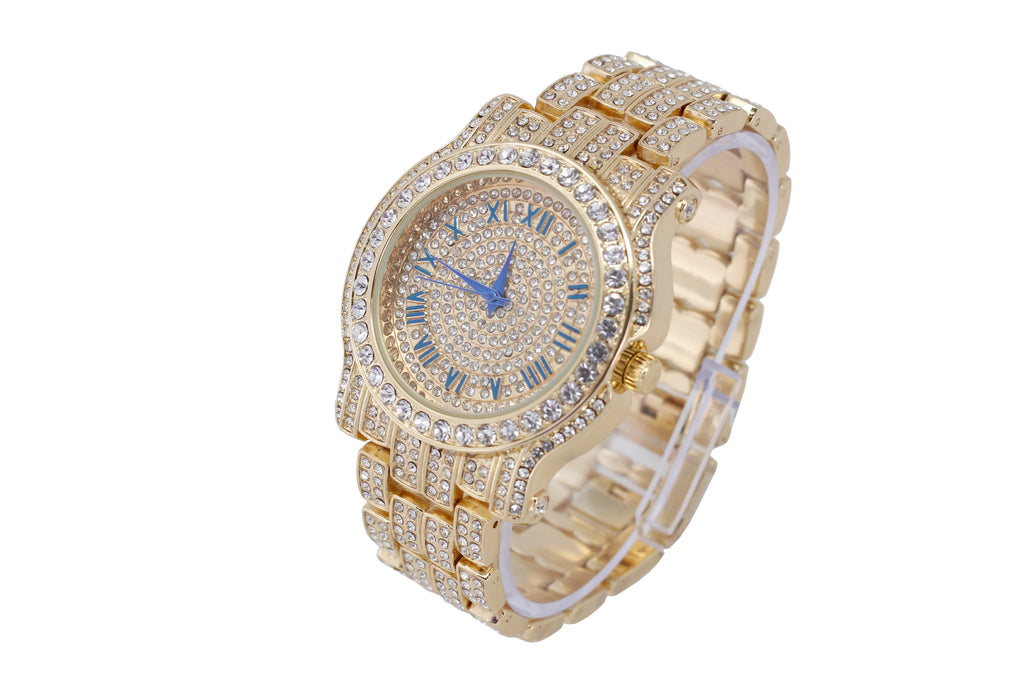 Cuban BR and - Bracelet Set(11,Gold Luxury Ring Out King #Blue) Bling-ed 3pc Set Iced L0504 Out Mens w/Bling-ed Round Watch