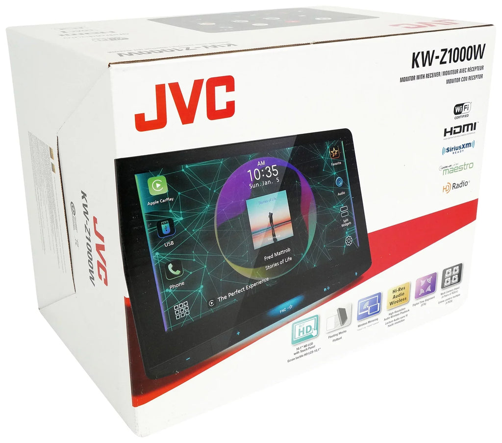 Wireless JVC Carplay HD Receiver+Dash KW-Z1000W Car 10.1" Cam Monitor