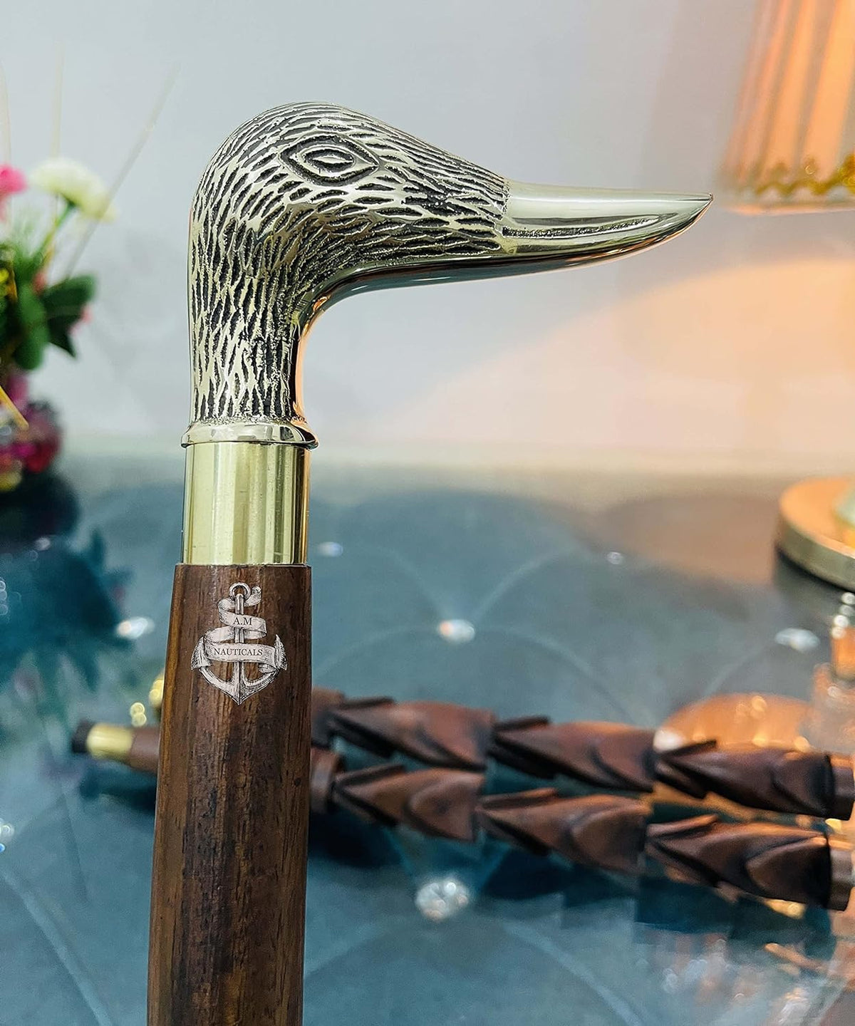 Brass Face Walking Duck Handle Head Solid Stick Wooden Walking Brass Stick