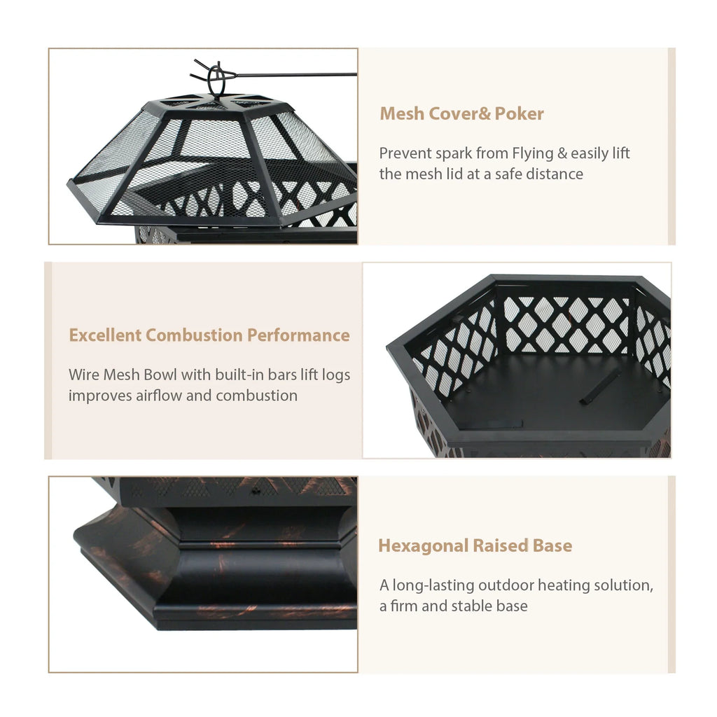 Backyard, ZenSports Pit Pire - Burning Lid, Black Bonfire W/Mesh Hex-Shaped Portable Wood 24’’ exterior