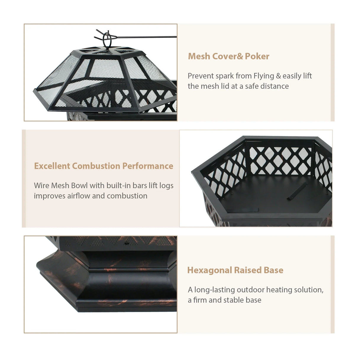 Backyard, ZenSports Pit Pire - Burning Lid, Black Bonfire W/Mesh Hex-Shaped Portable Wood 24’’ exterior