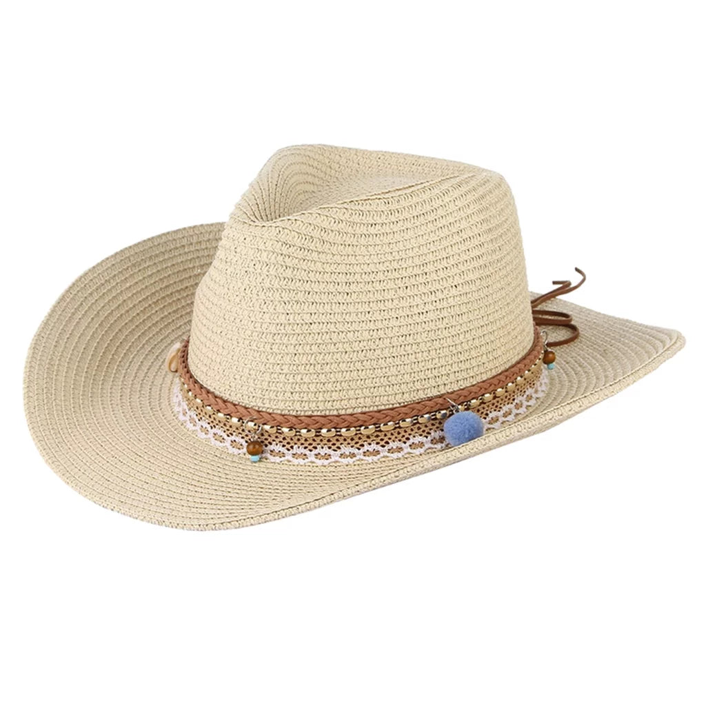 Cowboy Trilby Straw design Sun Western Floppy Beige Brim Big Packable Hat Women