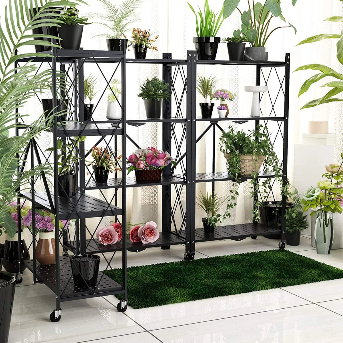 Shelf Metal Foldable 3 Black with Heavy Shelf, Hooks, Duty Storage SUGIFT Kitchen 4-Tier Shelf,