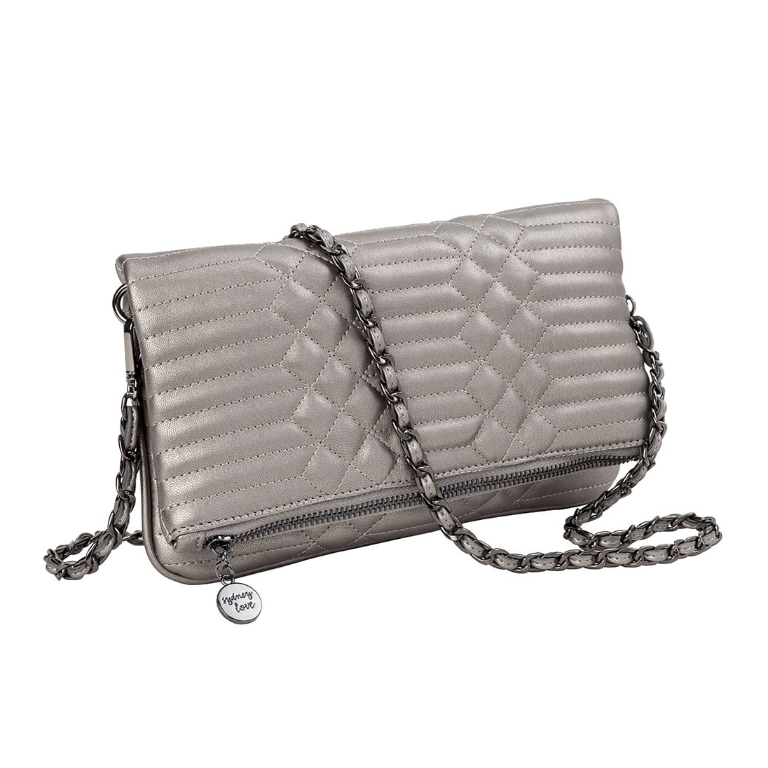 Love Metallics Pewter Sydney Clutch Quilted Fold-Over Crossbody,