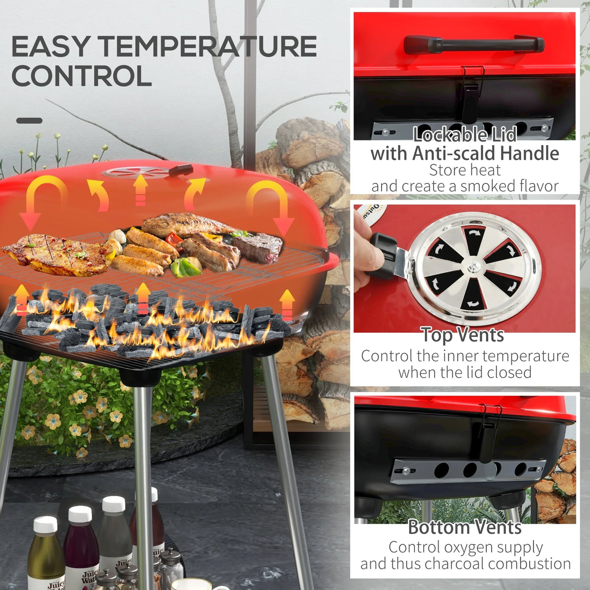 Outsunny Shelf Bottom Wheels Grill Red Portable Picnic, Charcoal for with
