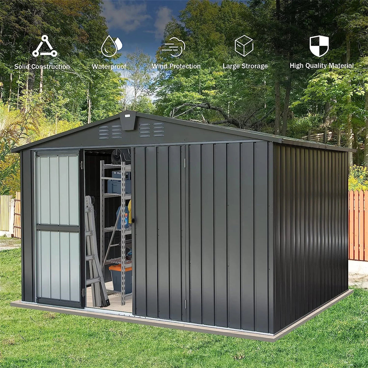 Storage 10'X Metal Shed for Patio, Tools, Backyard, Lockable Steel Cabinet Garden exterior Black) for Trash Lawn Storage Shed Galvanized CoSoTower Bike, 8', with Door exterior Can, (10X8ft,