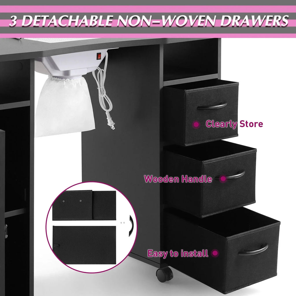 Hand Electric Station Artist Wrist Cushion, Wheels, Drawers, with Lockable Shelves Table Beauty Nail Black Manicure Desk Downdraft Vent,
