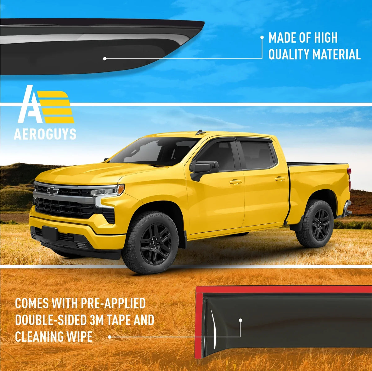 Accessories (Chevy) Deflectors Fit Window Sun Rain AEROGUYS Window Silverado Visors, Cab, Chevrolet 4pcs. Wind Durable - Truck Guards 2019-2024 Extra Tape-On AG0422 1500 Visors Visors, Vent for Crew