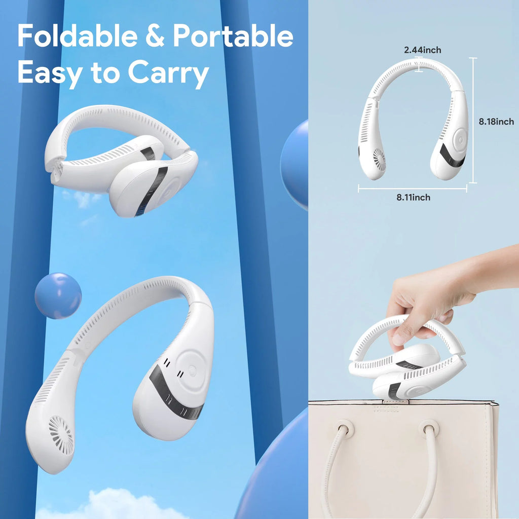 Speeds Folding Mini Neck 5000mAh LCD Fanwtith Cooling Bladeless White USB Summer 3 Portable 360°Airflow Neck Fans, Rechargeable Fan Display,
