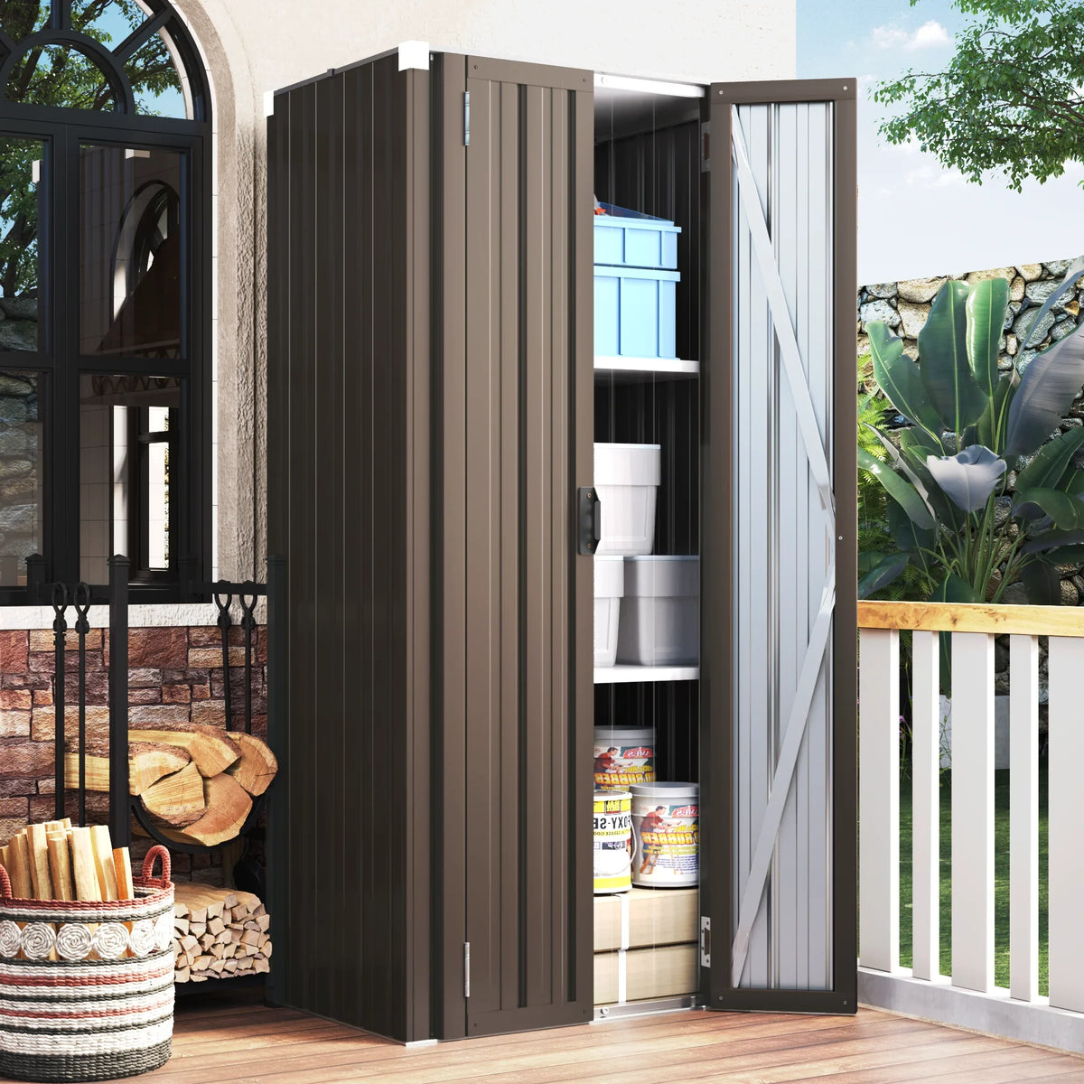 Organizer and in Storage for Metal Garden YODOLLA Shelves Cabinet with 70" exterior/ Indoor Shed Garage& Doors Brown Storage