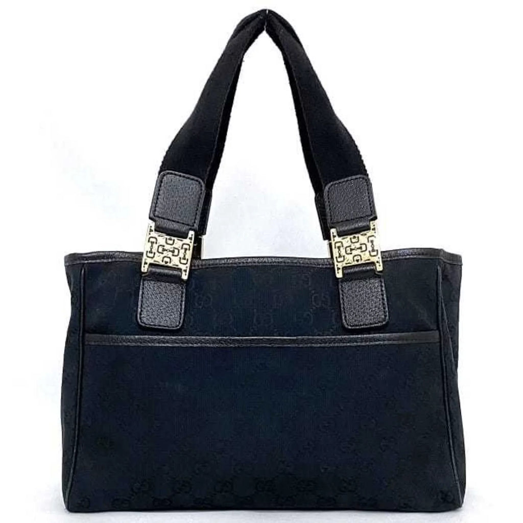 Horsebit Canvas Bag 145810 Tote (Good) Handbag Leather Silver Black Pre-Owned Ladies