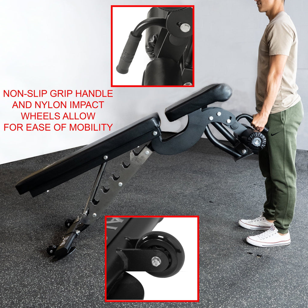 – Fitness Flat, Heavy 7 Nylon Decline Black Wheels Bench Duty Press, -DD-40 Including Incline, Bench Weight and Positions Adjustable with Valor