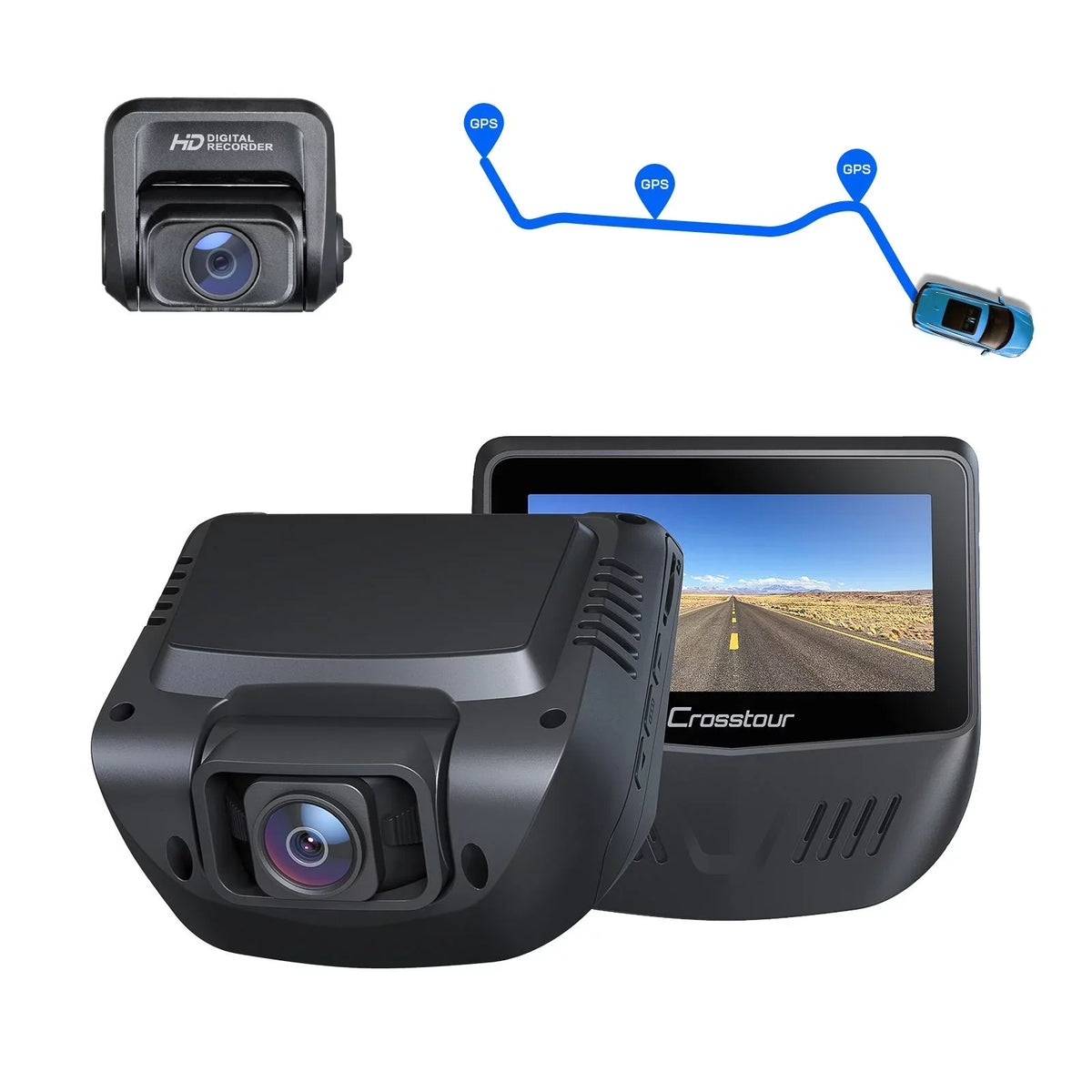 Front Camera,External Dash Rear 3”Car Security Sensor,128GB Crosstour Supported, Max,Black GPS Cam,1080P and