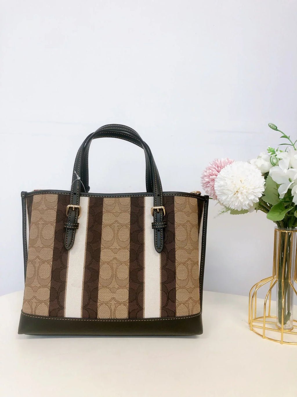 Stripes Tote Jacquard 25 IN In Multi Black With Signature Mollie Khaki Coach C8416