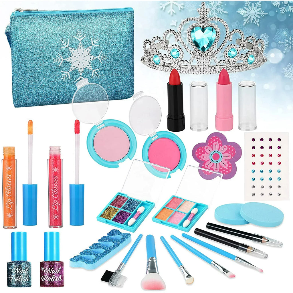 for Washable Pcs Toys Gift Frozen Princess, Makeup for Toddler Set for Real Makeup 24 Years Makeup Kit with Girls 3-12 Girls, Toy Kids Old Safe Makeup Non-Toxic Kit Set (Blue) & Kids Cosmetic Bag,