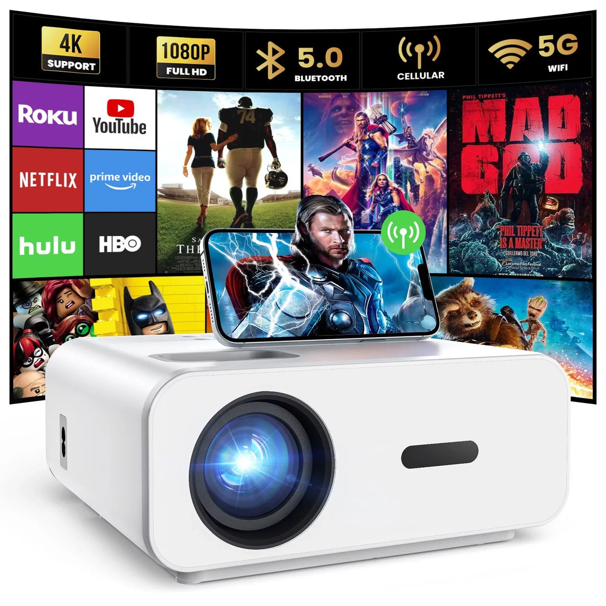 Movie Projector Theater with Bluetooth, and , AUOSHI Projector For Home Projector 5G/2.4G 1080P exterior , Video Portable Support 4K 12000LM Wifi Mini Projector