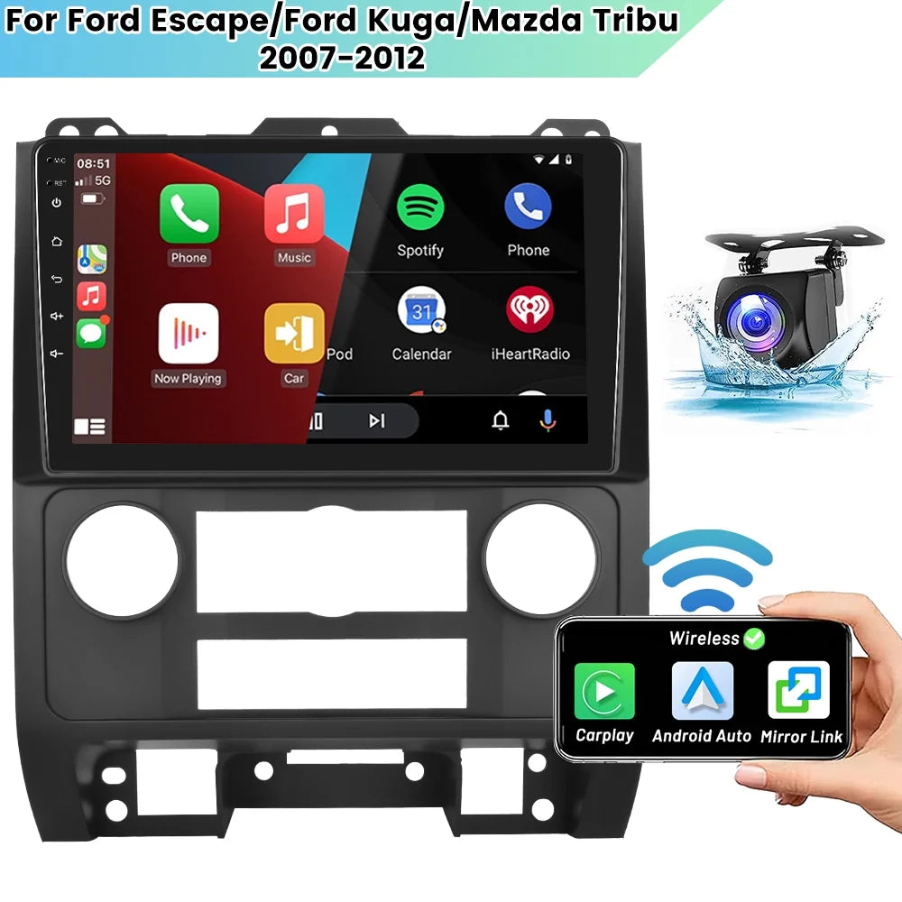 GPS Podofo 2007-2012 Kuga/Mazda Wireless Carplay Touchscreen AHD Escape/ 2+64G Stereo WIFI Auto Android Tribu FM Radio Link Hifi, Backup for 13 Mirror Bluetooth Android 9'' Camera Car