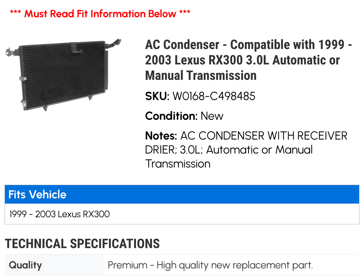 Transmission 3.0L Condenser 2003 1999 2002 Manual 2000 RX300 2001 - - or with Automatic AC Compatible