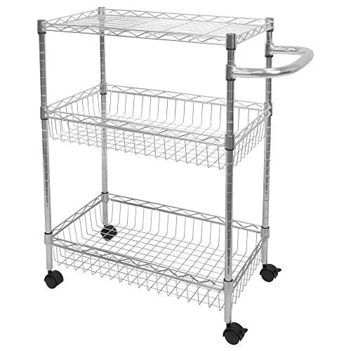 for Organization | Mesh Storage and Silver Storage 3-Tier Wire and | Handle Metal Kitchen Cart Multi-Function Rolling with Heavy-Duty Wheels Mount-It! Cart Trolley |