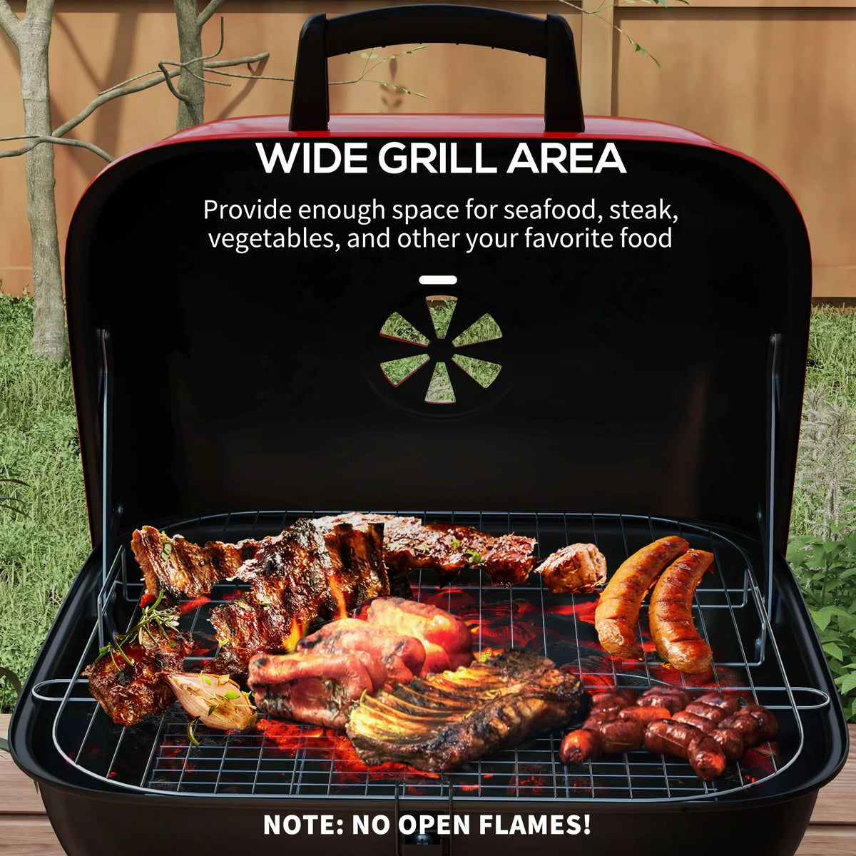 Outsunny Shelf Bottom Wheels Grill Red Portable Picnic, Charcoal for with