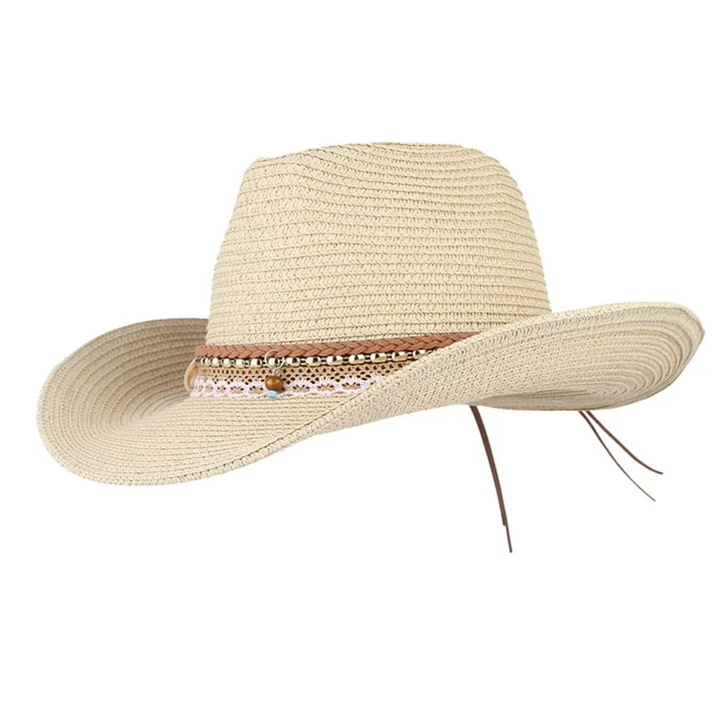 Cowboy Trilby Straw design Sun Western Floppy Beige Brim Big Packable Hat Women