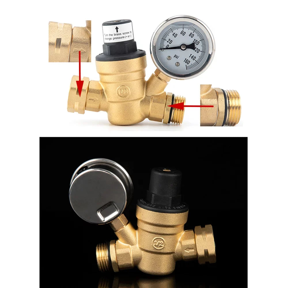 Inlet and liquid and Brass, Travel - with Trailers 0-160PSI Regulator for Gauge Filter, Valve Ideal RV Screened Adjustable Pressure Lead-Free