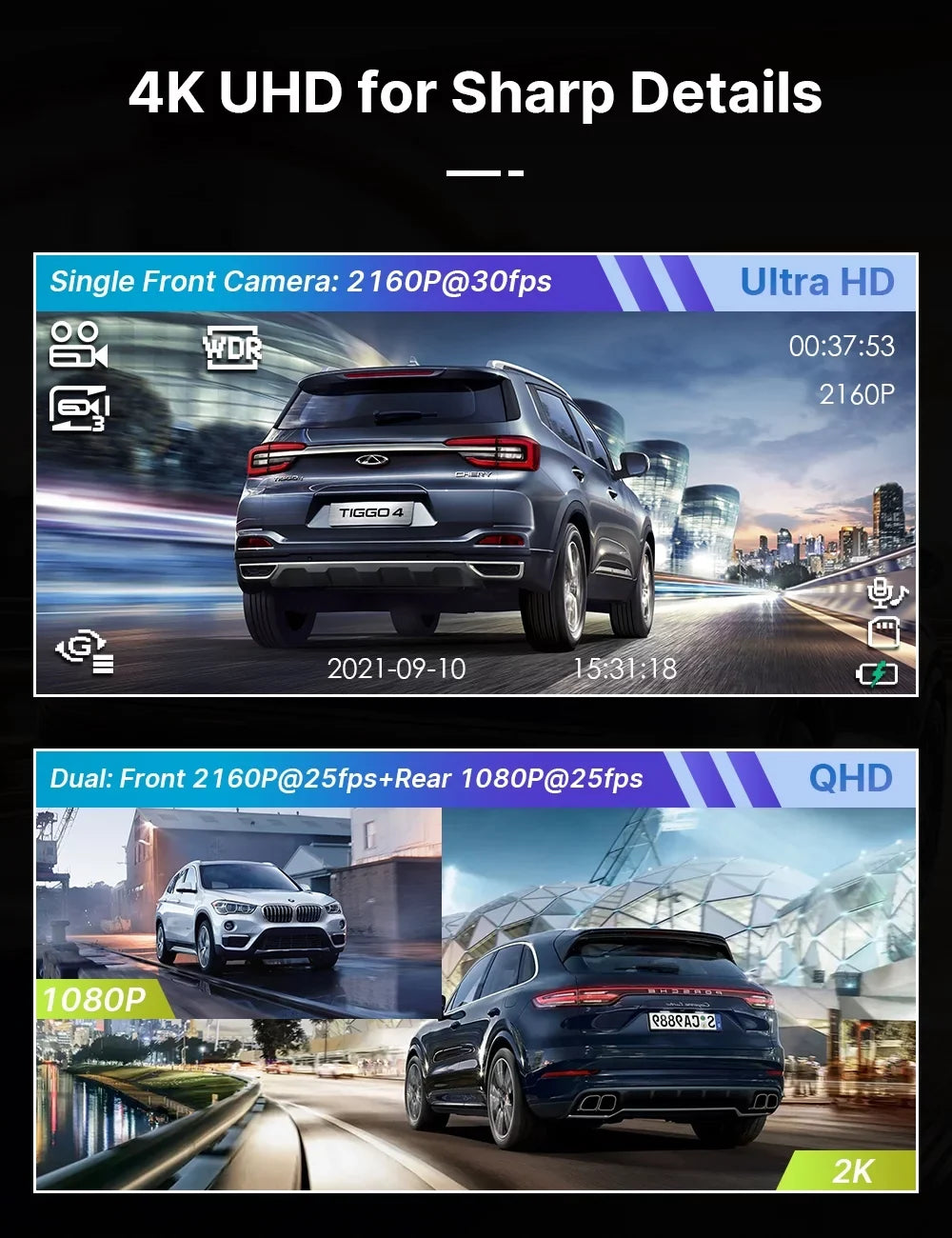 with Dash Car Parking Rear Camera 3" Front 4K+1080P 256GB and Cars, for Support Dual Cam Cam Monitor, Dash Dash