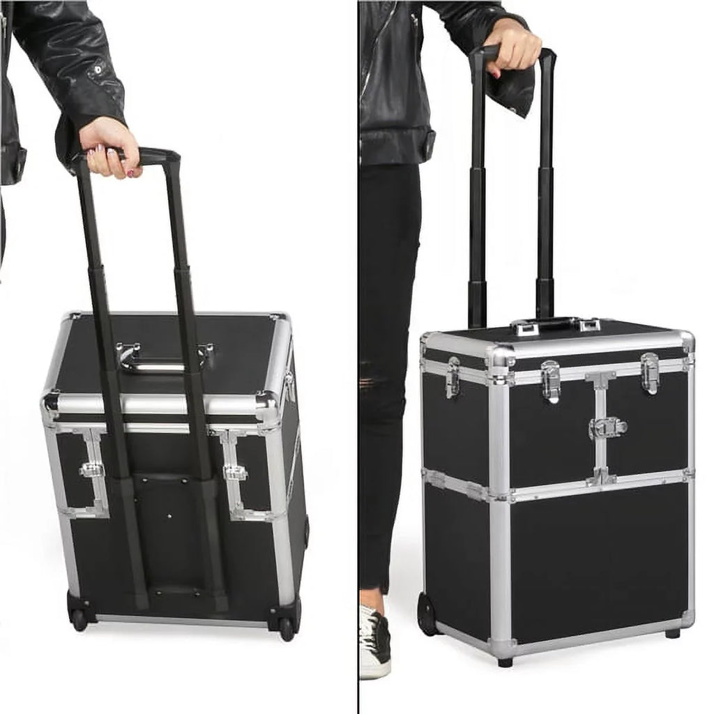 Alden Wheels, Design Mirror, Trays, & Makeup Black Case with Trolley Retractable Rolling
