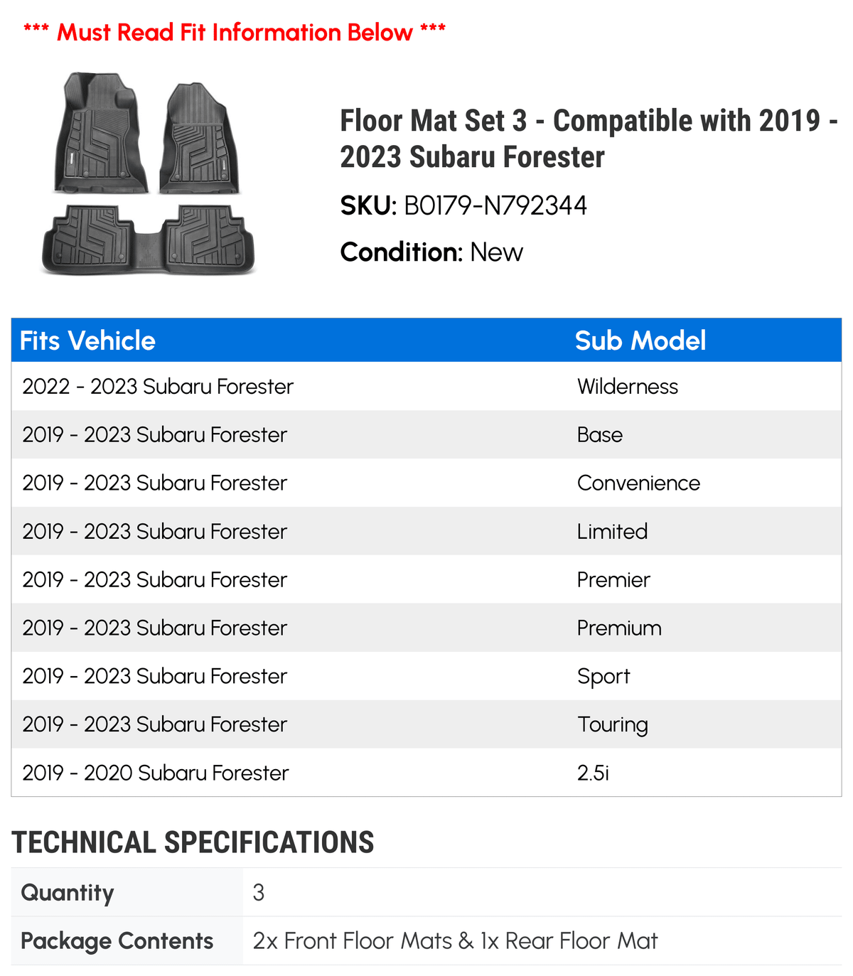 Subaru 2022 2020 2019 with Forester Set Floor - 2023 Compatible - 3 Mat 2021